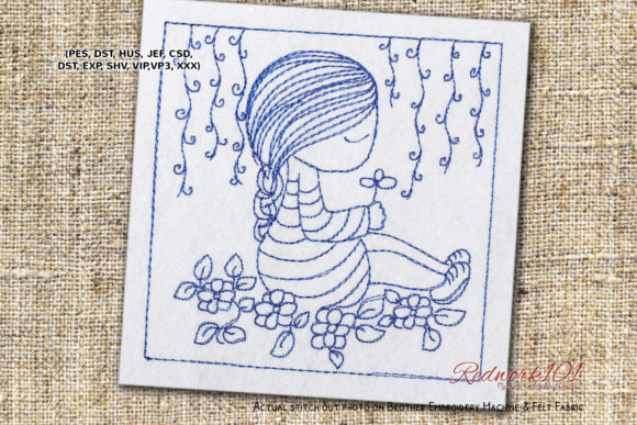 Evaluating Girl Sitting on Flower Redwork for Your Shop